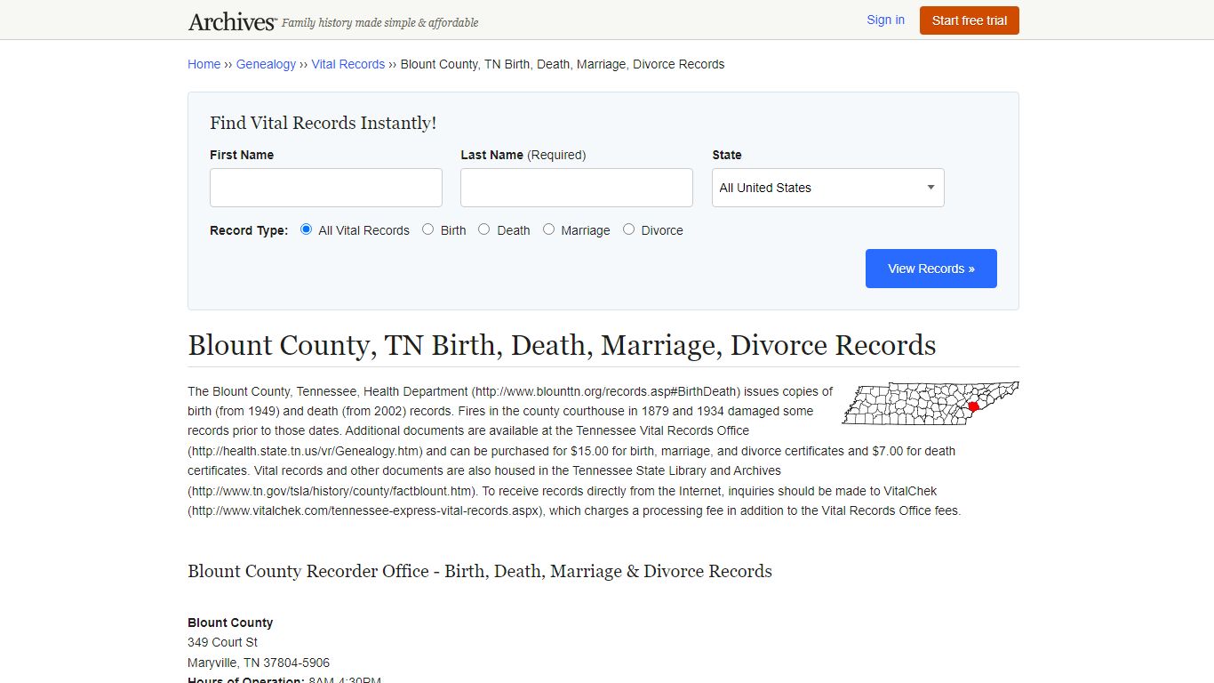 Blount County, TN Birth, Death, Marriage, Divorce Records - Archives.com